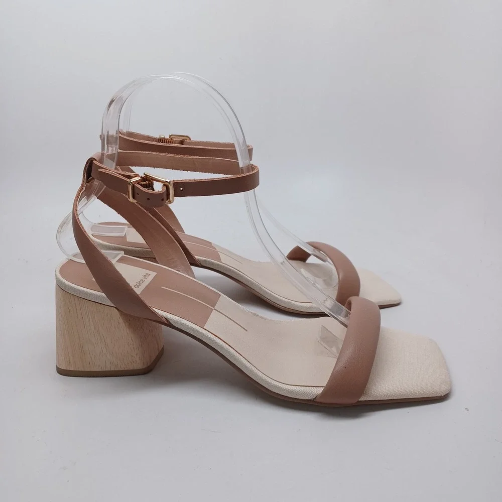 Dolce Vita Tan Wood‎ Block Heel Sandals Square Toe Ankle Strap Womens Size 8